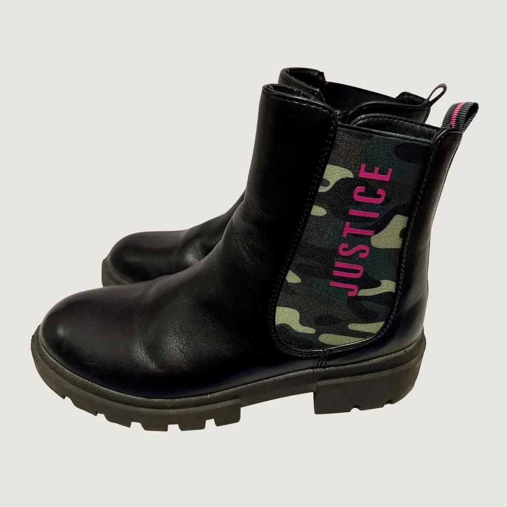 Justice Girls Black Camo Combat Boots Pink Logo Side Zip Lug Sole Size 4
